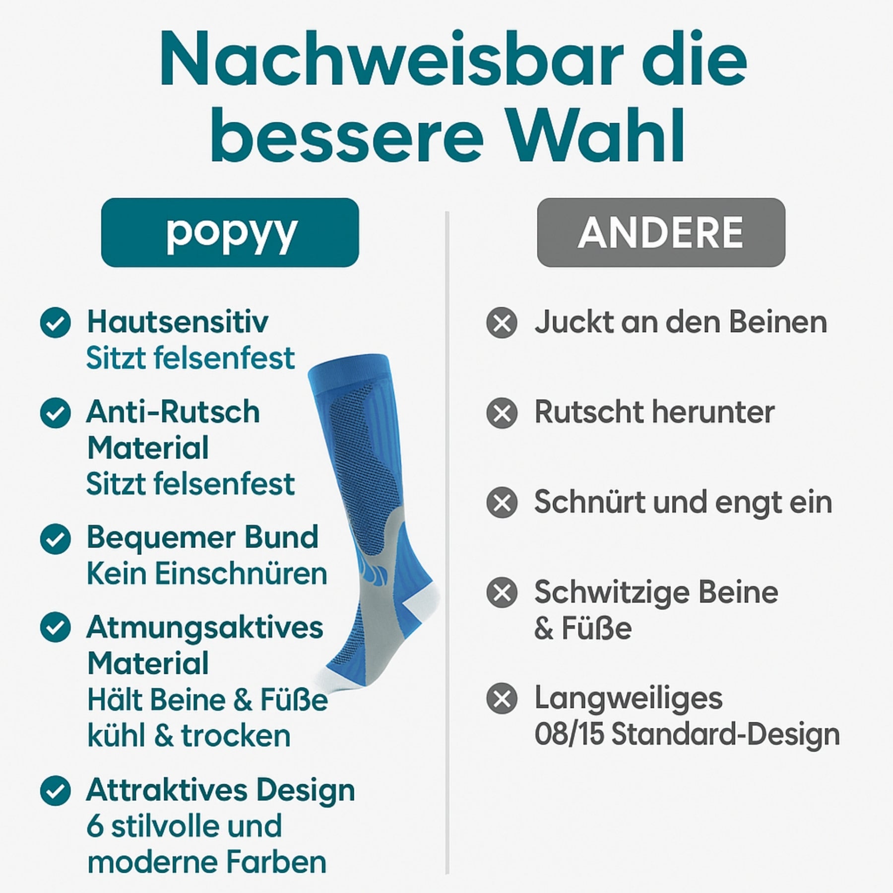 popyy Kompressionsstrümpfe für schwere, schmerzende Beine
